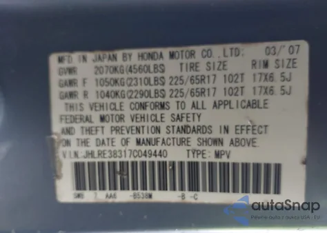 2007 Honda Cr-V Lx from USA, damaged, VIN JHLRE38317C049440
